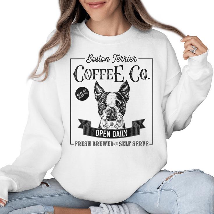 Retro Boston Terrier Coffee Dog Mom Coffee Lover Women Crewneck Sweatshirt