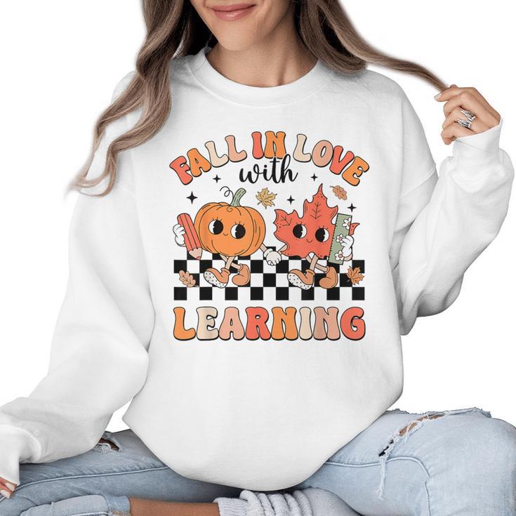 Retro Fall In Love With Learning Autumn Pumpkin Teacher Women Crewneck Sweatshirt