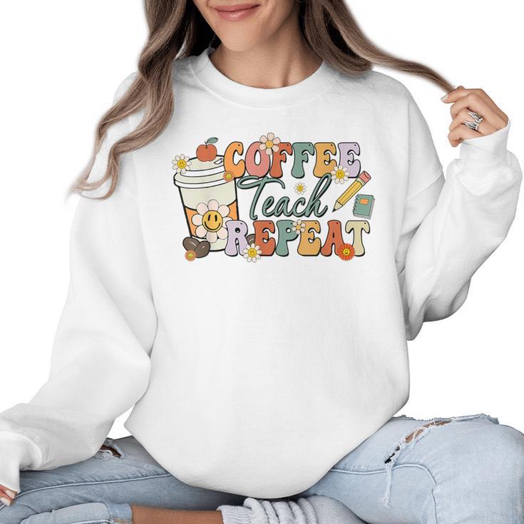 Retro Grovvy Coffee Teach Repeat Teacher Women Crewneck Sweatshirt