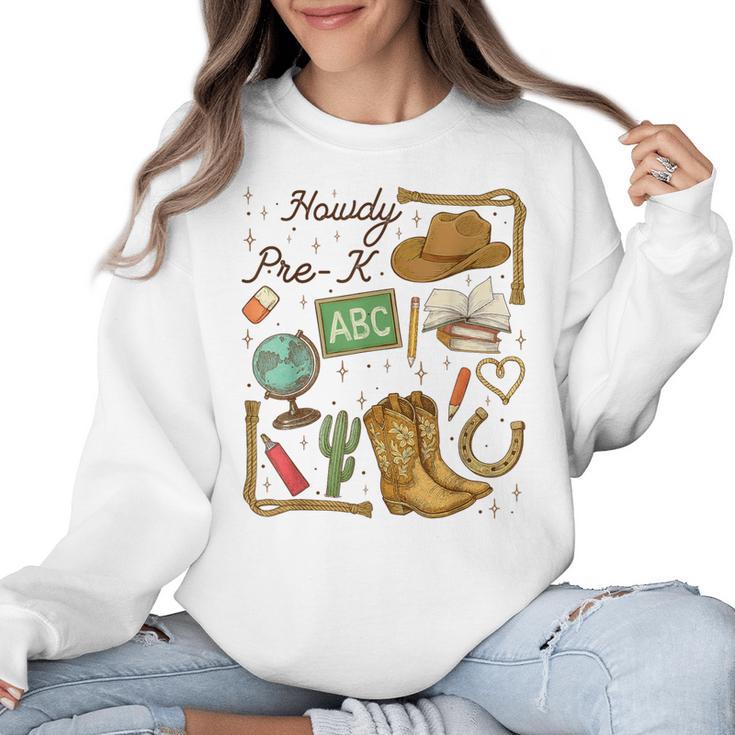 Retro Howdy Pre-K Back To School Western Teacher Women Crewneck Sweatshirt