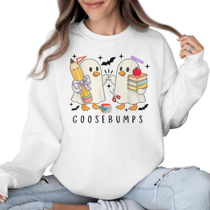 Silly Goose Spooky Teacher Halloween Cute Goosebumps Women Crewneck Sweatshirt