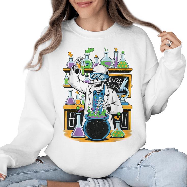Skeleton Mad Scientist Halloween Costume Science Teacher Women Crewneck Sweatshirt