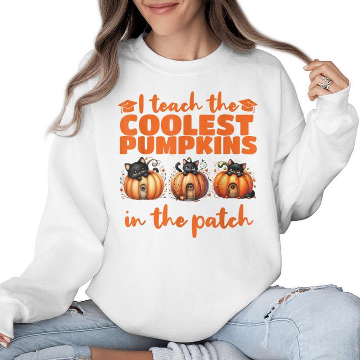 I Teach The Cutest Pumpkins Halloween Teacher Cat Lover Women Crewneck Sweatshirt