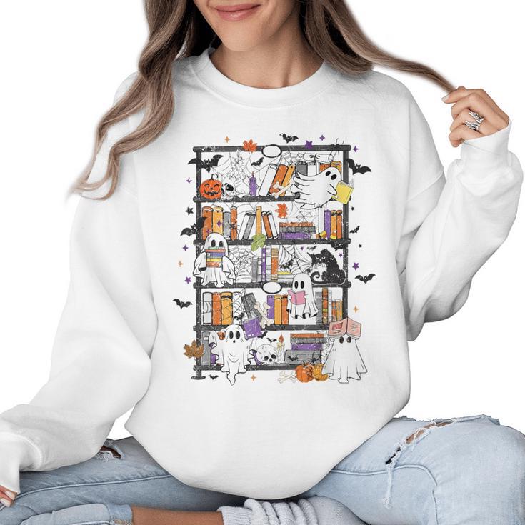 Teacher Library Ghost Reading Book Halloween Cat Women Crewneck Sweatshirt
