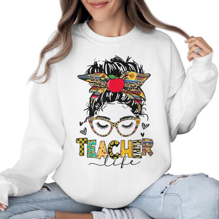 Teacher Life Messy Bun Glasses Leopard Sunflower Women Crewneck Sweatshirt