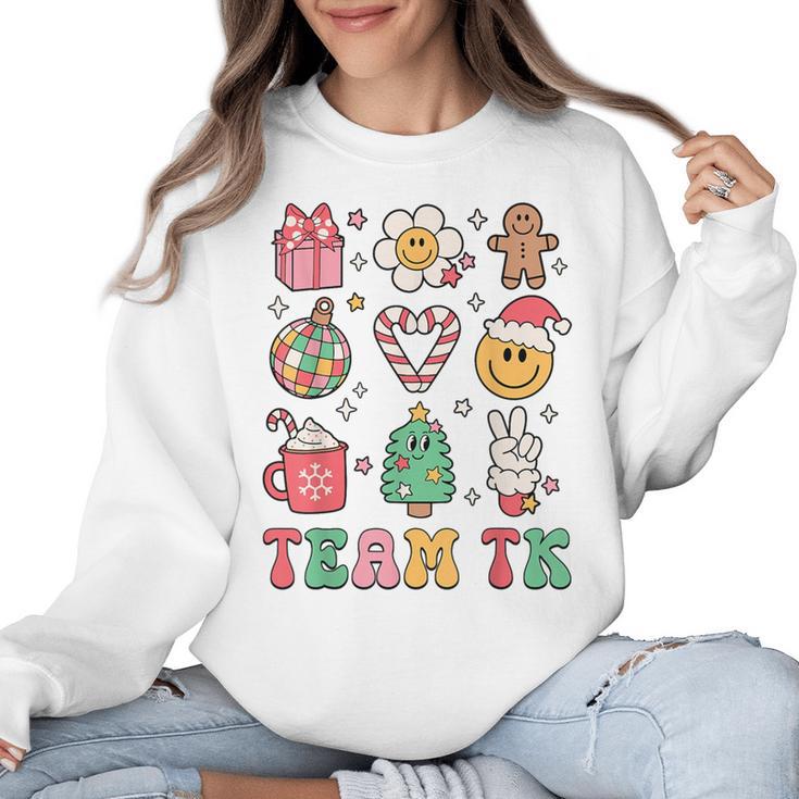 Team TK Teacher Christmas Groovy Smile Face Girl Boy Kid TK Women Crewneck Sweatshirt