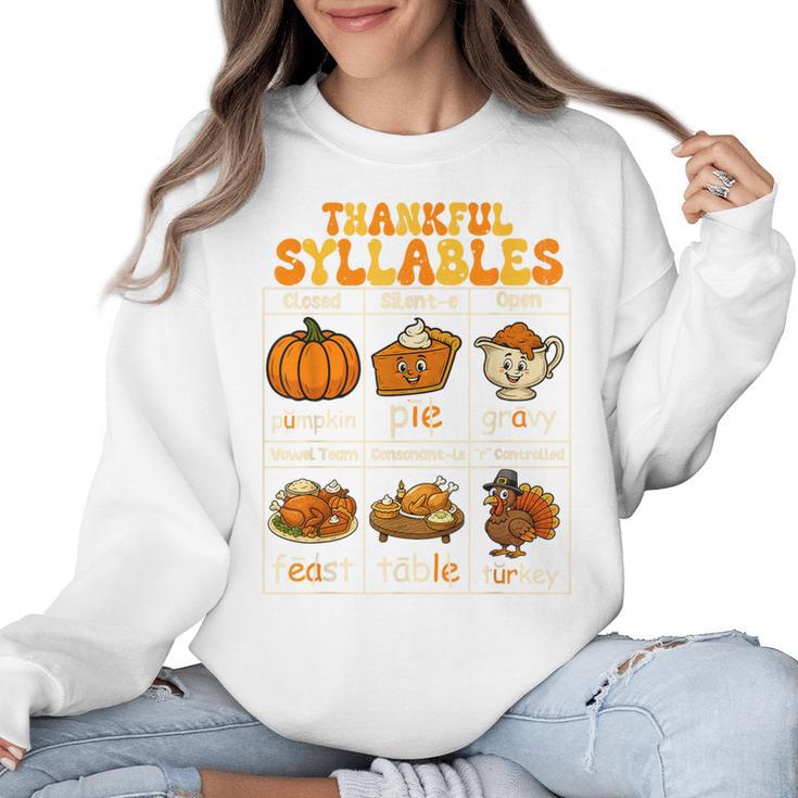 Thankful Syllables Teacher Thanksgiving Educational Kids Women Crewneck Sweatshirt