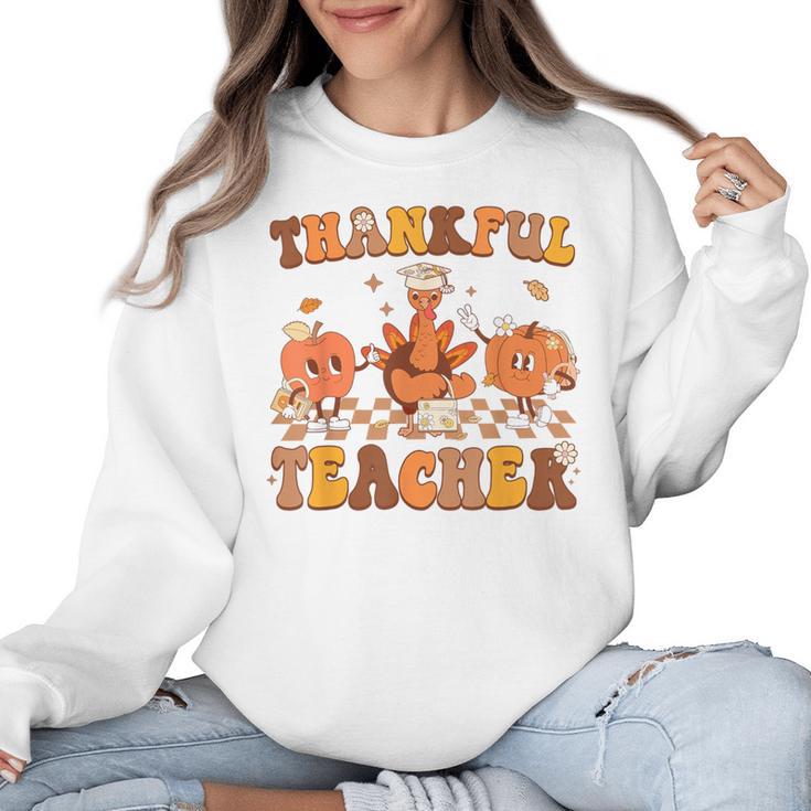 Thankful Teacher Retro Groovy Thanksgiving Fall Women Men Women Crewneck Sweatshirt