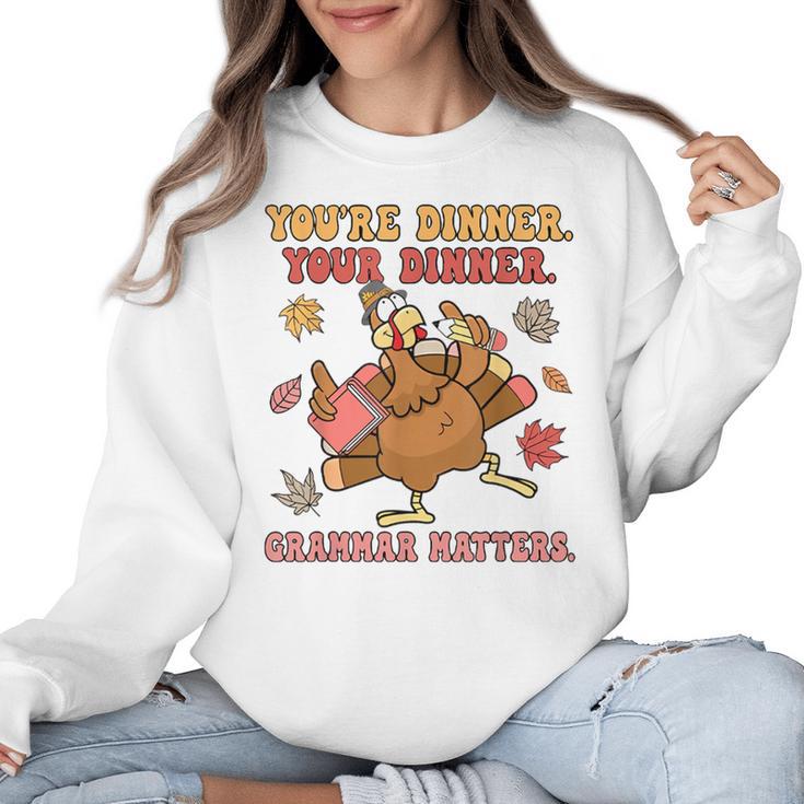 Thanksgiving Grammar Thankful English Teacher Fall Turkey Women Crewneck Sweatshirt