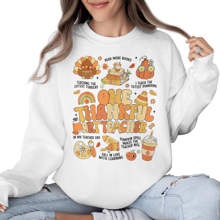Thanksgiving One Thankful Art Teacher Fall Groovy Men Women Women Crewneck Sweatshirt