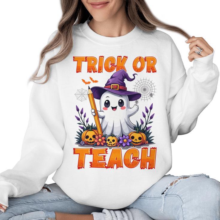 Trick Or Teach Teacher Halloween Ghost Pencil Floral Women Crewneck Sweatshirt