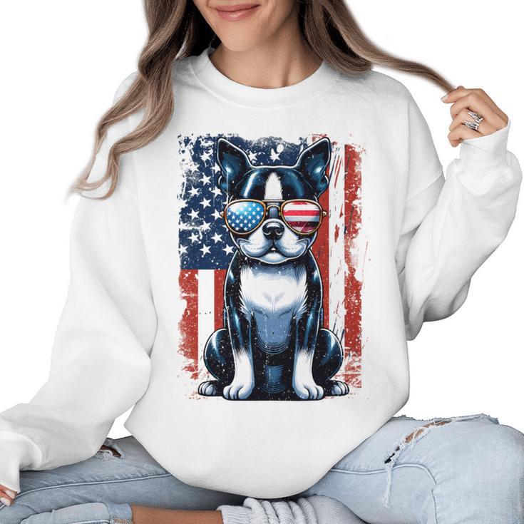Vintage Boston Terrier Dog American US USA Flag Pets Dogs Women Crewneck Sweatshirt