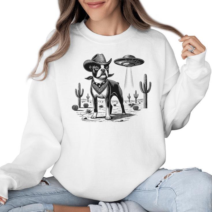 Vintage Boston Terrier UFO Western Wild West Dog Mom Dad Women Crewneck Sweatshirt