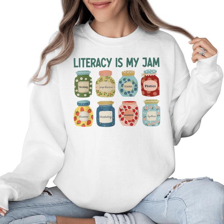 Women Literacy Is My Jam Literacy Teacher Reading Teacher Women Crewneck Sweatshirt