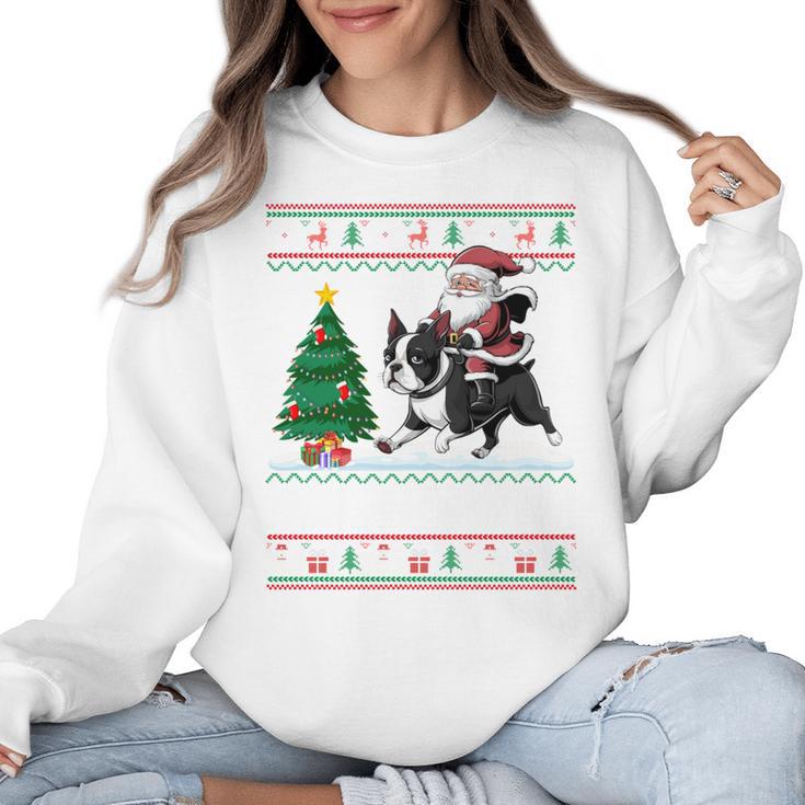 Xmas Tree Lighting Santa Riding Boston Terrier Christmas Women Crewneck Sweatshirt