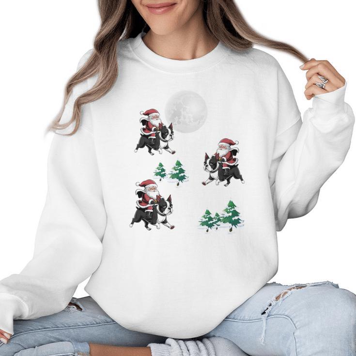 Xmas Tree Santa Riding Boston Terrier Christmas Women Crewneck Sweatshirt