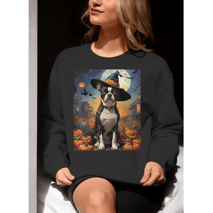 Aesthetic Halloween Boston Terrier Dog Witch Pumpkin For Men Women Kids Women Crewneck Sweatshirt, Boston Terrier Halloween Sweatshirts, funny gift