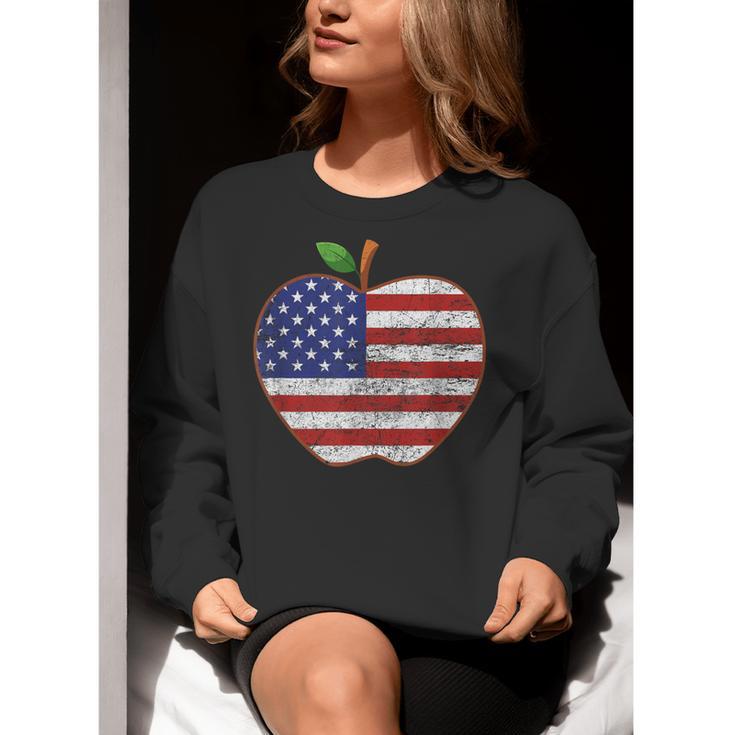 American Flag Teachers Students Apple 4th Of July Vintage Women Crewneck Sweatshirt, funny gift