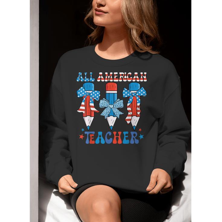 All American Teacher Pencil Coquette Bow USA Flag Teachers Women Crewneck Sweatshirt, funny gift All American Teacher Pencil Coquette Bow USA Flag Teachers Women Crewneck Sweatshirt, funny gift
