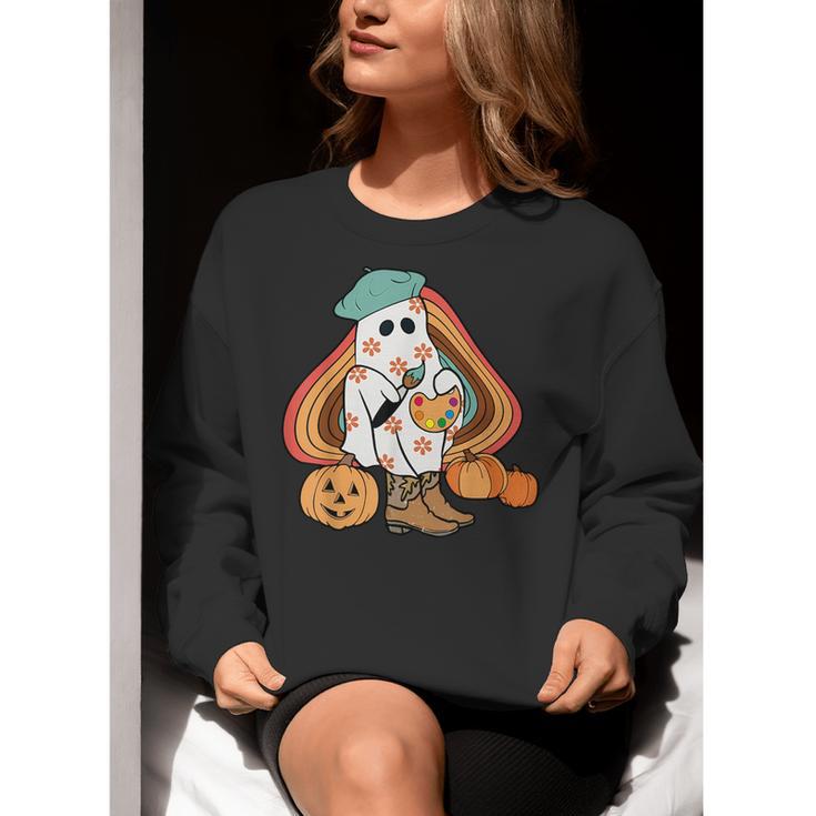 Art Teacher Painting Brushes Retro Pumpkin Ghost Artist Women Crewneck Sweatshirt, funny gift