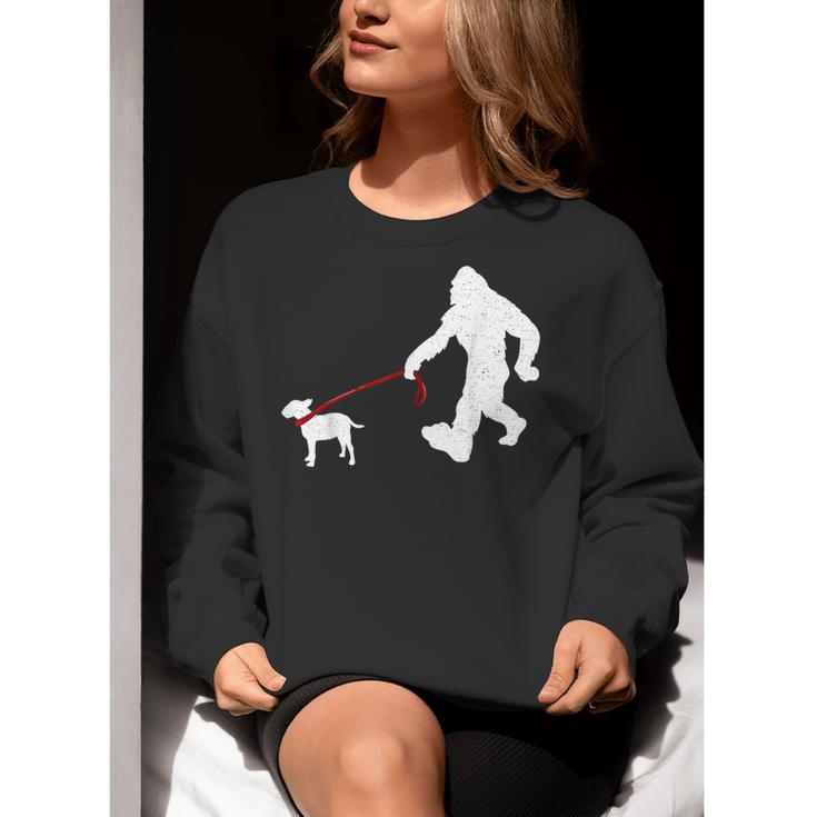 Bigfoot Walking With Bull Terrier Dog Women Crewneck Sweatshirt, funny gift
