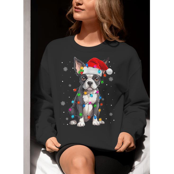Boston Terrier Christmas Santa Hat Tree Lights Pajama Women Crewneck Sweatshirt, Boston Terrier Christmas Sweatshirts, funny gift