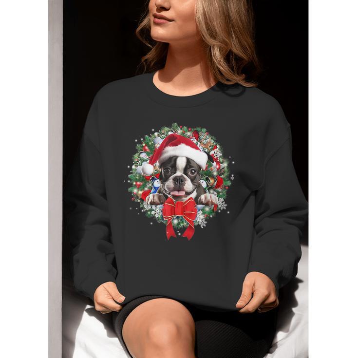 Boston Terrier Christmas Wreath Decoration Xmas Pajamas Women Crewneck Sweatshirt, Boston Terrier Christmas Sweatshirts, funny gift