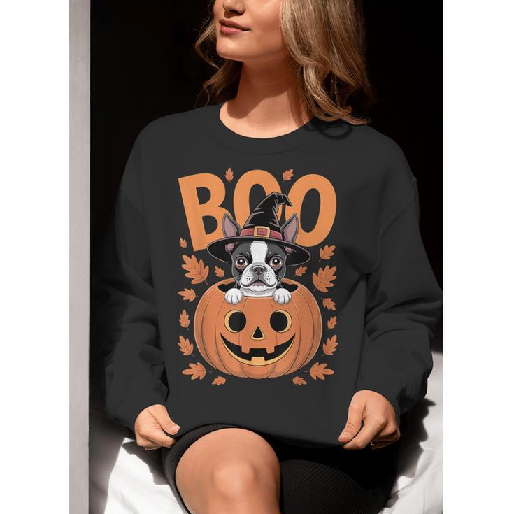 Boston Terrier Costume On Pumpkin Halloween Boston Terrier Women Crewneck Sweatshirt, Boston Terrier Halloween Sweatshirts, funny gift