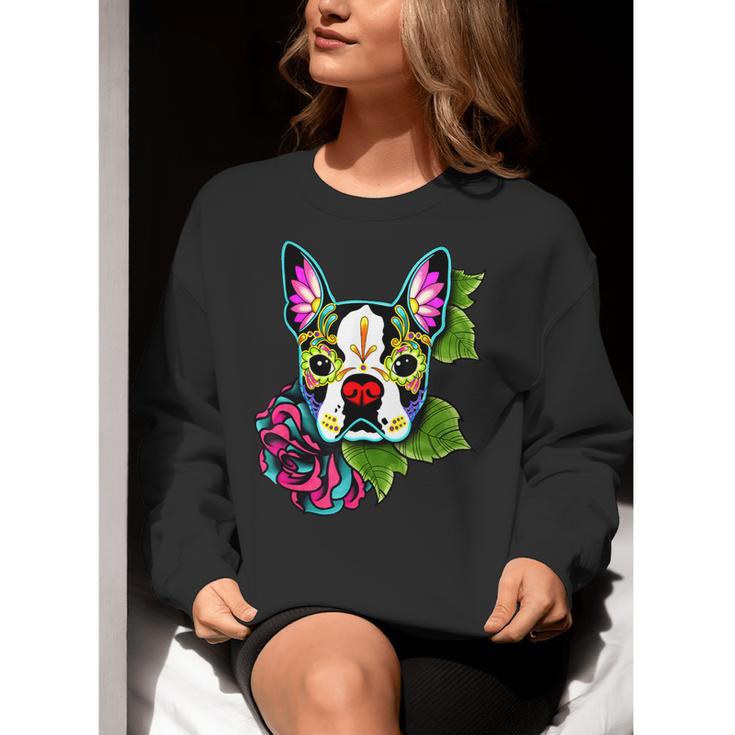 Boston Terrier In Day Of The Dead Sugar Skull Dog Women Crewneck Sweatshirt, funny gift