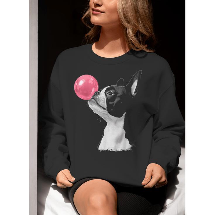 Boston Terrier Dog Blowing Chewing Bubble Gum Pink Women Crewneck Sweatshirt, funny gift