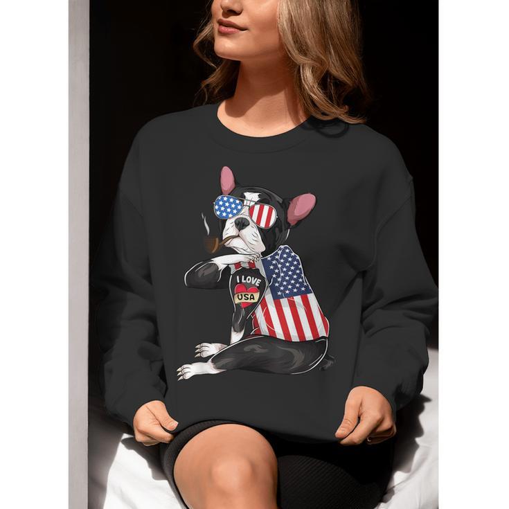 Boston Terrier Dog Merica 4th Of July Usa American Flag Men Women Crewneck Sweatshirt, American Boston Terrier Sweatshirts, Boston Terrier 4th Of July Sweatshirts, funny gift