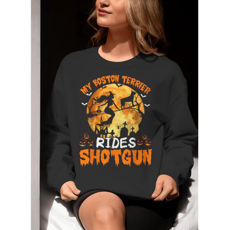 My Boston Terrier Dog Rides Shotgun Witch Halloween Men Women Women Crewneck Sweatshirt, Boston Terrier Halloween Sweatshirts, funny gift
