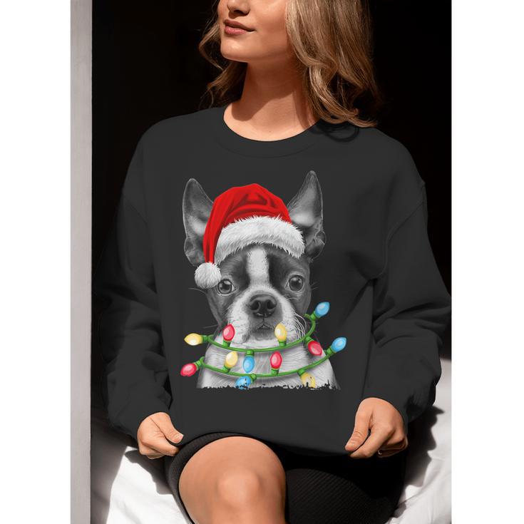 Boston Terrier Dog Santa Christmas Tree Lights Xmas Women Crewneck Sweatshirt, Boston Terrier Christmas Sweatshirts, funny gift