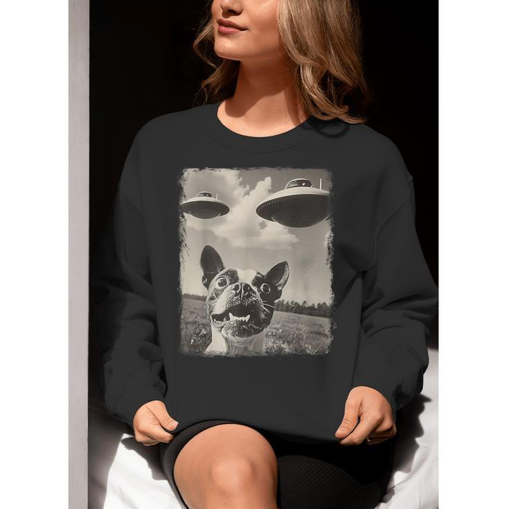 Boston Terrier Dog UFO Alien Extraterrestrial Selfie Women Crewneck Sweatshirt, funny gift