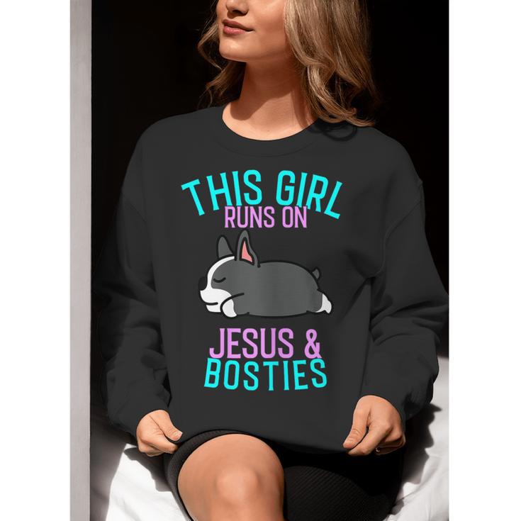 Boston Terrier This Girl Runs On Jesus And Boston Terriers Women Crewneck Sweatshirt, funny gift