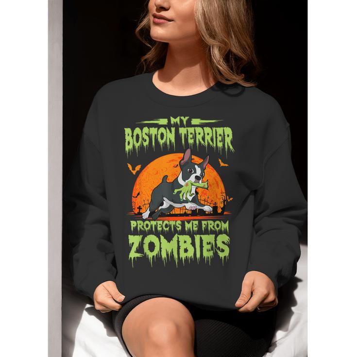 Boston Terrier Halloween Zombie American Gentleman Dog Lover Women Crewneck Sweatshirt, American Boston Terrier Sweatshirts, Boston Terrier Halloween Sweatshirts, funny gift