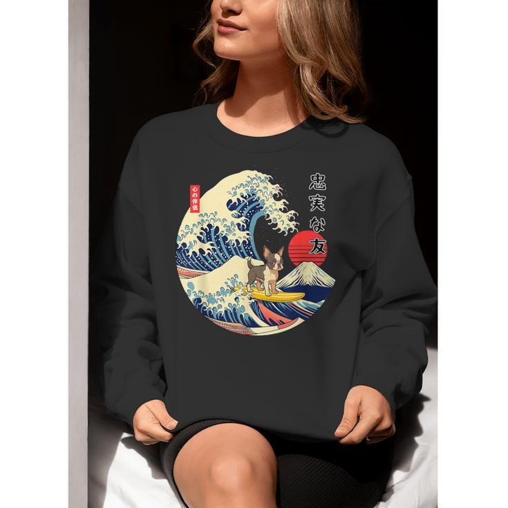 Boston Terrier Japanese Kanagawa Wave Surf Loyal Dog Men Women Kids Women Crewneck Sweatshirt, funny gift