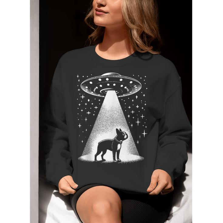 Boston Terrier Mom Dad Dog Alien UFO Women Crewneck Sweatshirt, Boston Terrier Mom Sweatshirts, Boston Terrier Dad Sweatshirts, funny gift