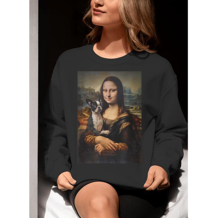 Boston Terrier Mona Lisa Painting Art Dog Mom Dad For Men Women Kids Women Crewneck Sweatshirt, Boston Terrier Mom Sweatshirts, Boston Terrier Dad Sweatshirts, funny gift