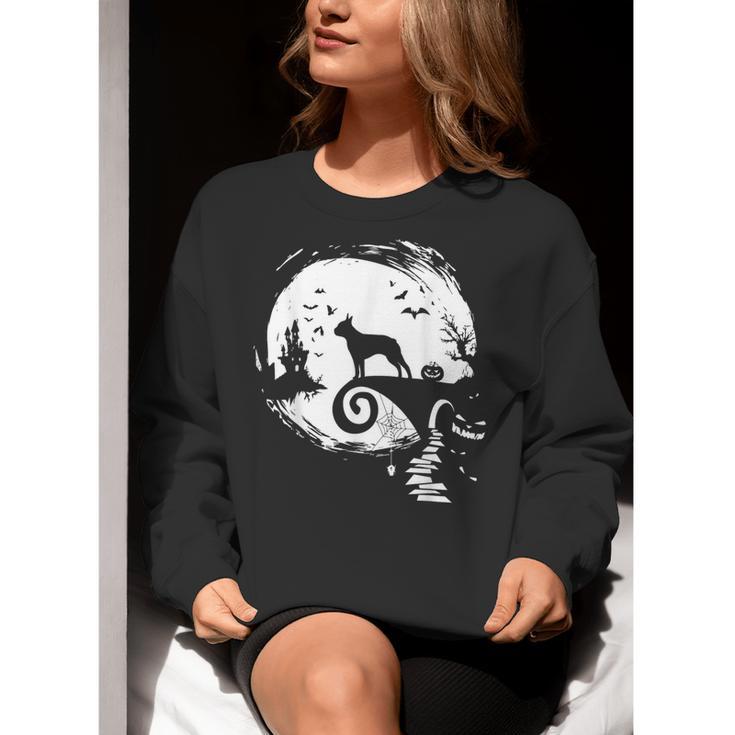 Boston Terrier And Moon Halloween Costume Dog Lover Women Crewneck Sweatshirt, Boston Terrier Halloween Sweatshirts, funny gift
