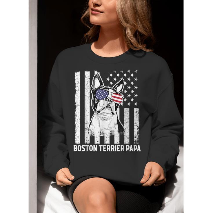 Boston Terrier Papa Cool Dog Lover USA American Flag Men Women Women Crewneck Sweatshirt, American Boston Terrier Sweatshirts, funny gift