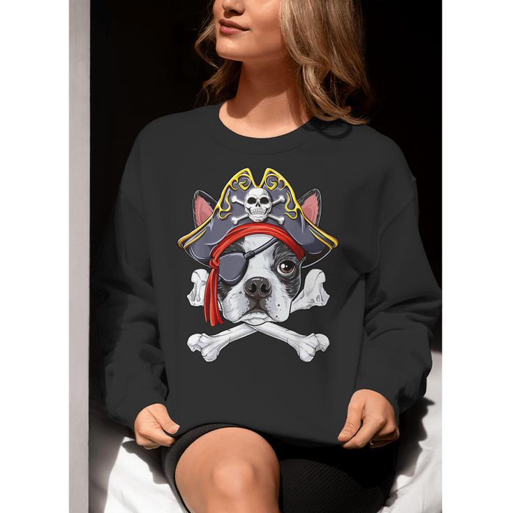 Boston Terrier Pirate T Shirt Jolly Roger Crossbones Skull Women Crewneck Sweatshirt, funny gift
