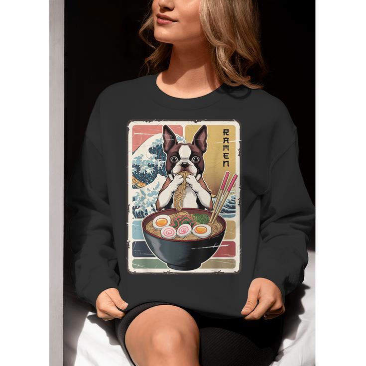 Boston Terrier Ramen Noodles Japanese Art Retro Ocean Waves Women Crewneck Sweatshirt, funny gift