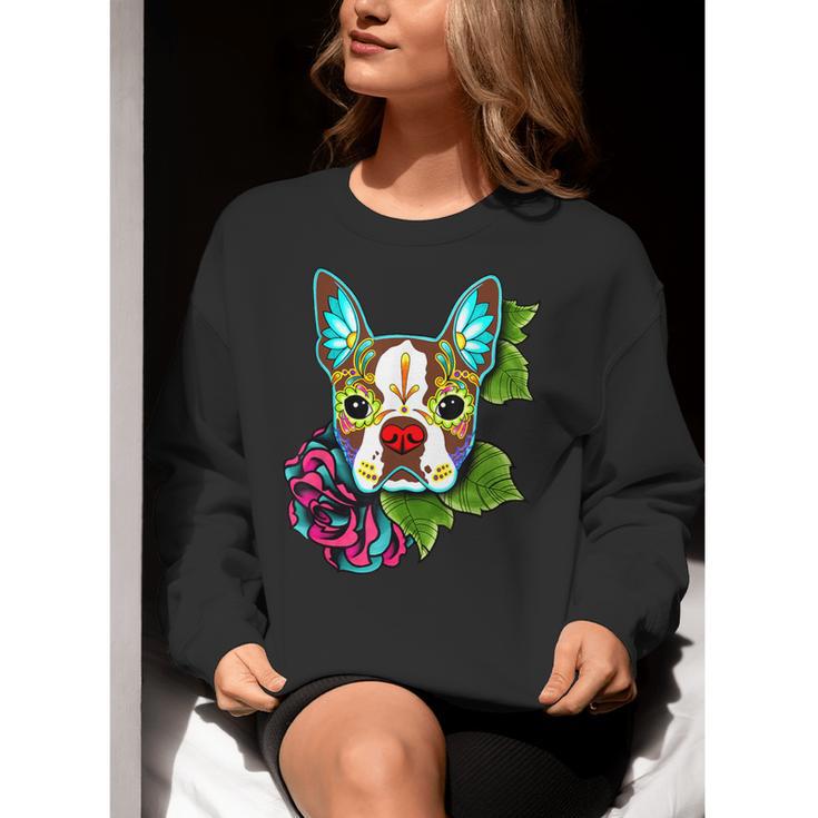Boston Terrier In Red Day Of The Dead Sugar Skull Dog Women Crewneck Sweatshirt, funny gift