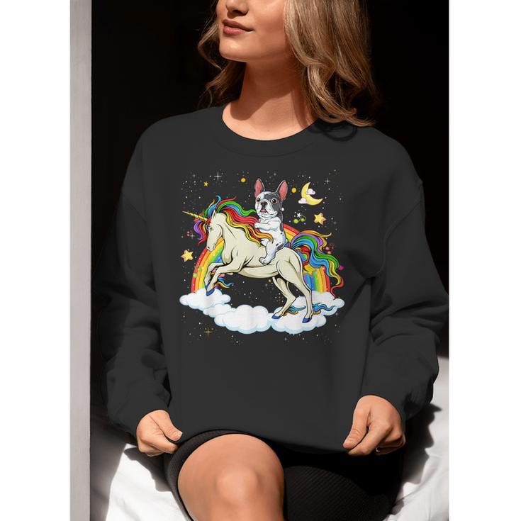 Boston Terrier Riding Unicorn Boys Girls Kids Rainbow Women Crewneck Sweatshirt, Boston Terrier Riding Sweatshirts, funny gift