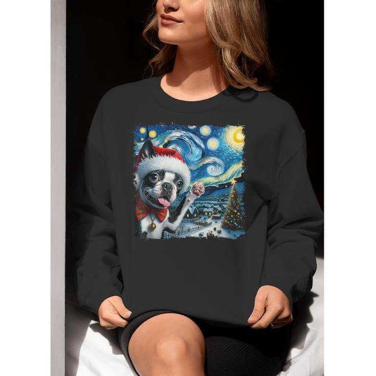 Boston Terrier Santa Starry Night Van Gogh Christmas Dog Men Women Kids Women Crewneck Sweatshirt, Boston Terrier Christmas Sweatshirts, funny gift