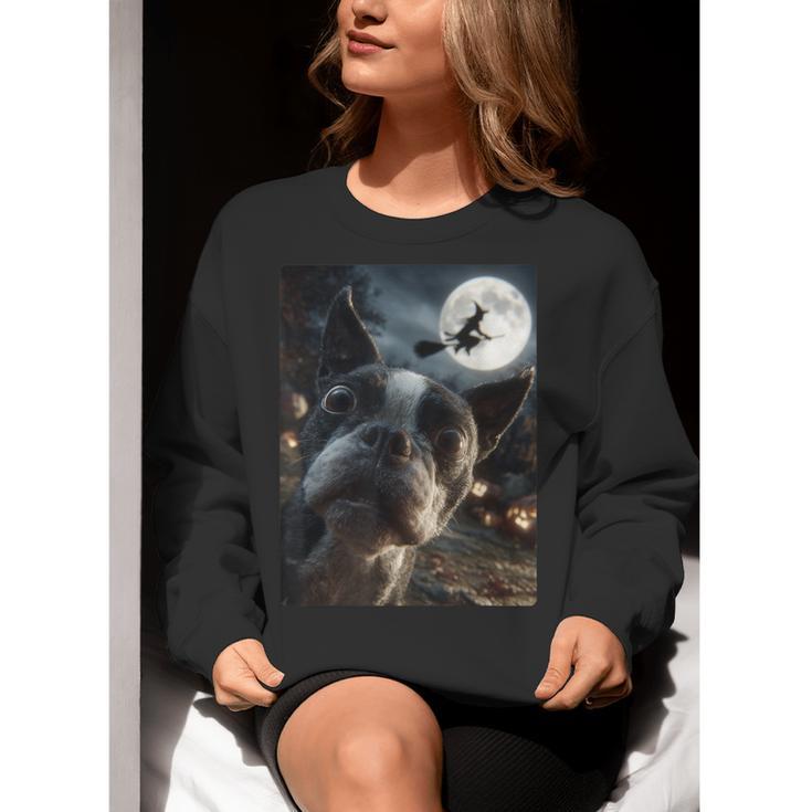 Boston Terrier Selfie Full Moon Flying Witch Halloween Dog Women Crewneck Sweatshirt, Boston Terrier Halloween Sweatshirts, funny gift