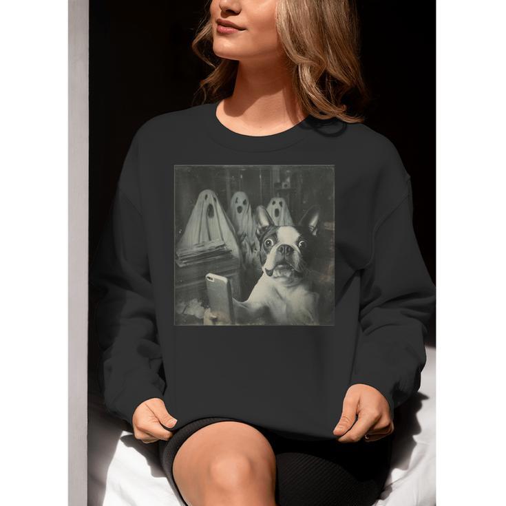 Boston Terrier Selfie With Ghosts Halloween Dog Lover Women Crewneck Sweatshirt, Boston Terrier Halloween Sweatshirts, funny gift