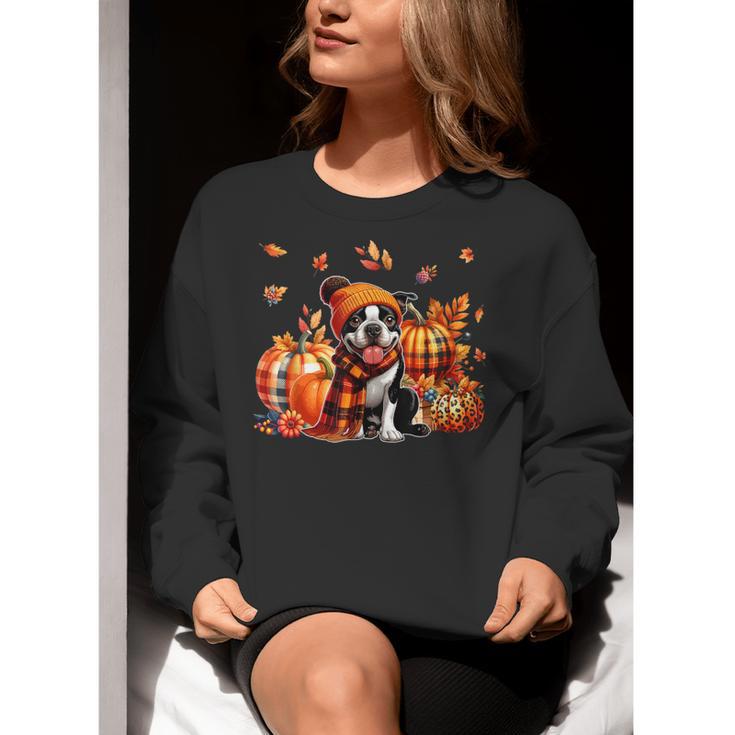 Boston Terrier Thanksgiving Leopard Pumpkins Fall Leaves Women Crewneck Sweatshirt, Boston Terrier Thanksgiving Sweatshirts, funny gift