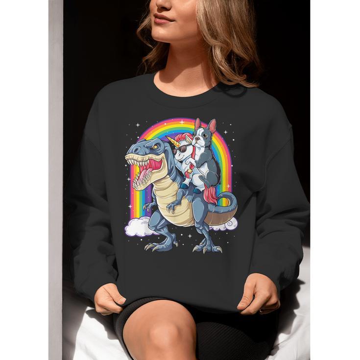 Boston Terrier Unicorn Riding Dinosaur T-Rex Girls Rainbow Women Crewneck Sweatshirt, Boston Terrier Riding Sweatshirts, funny gift
